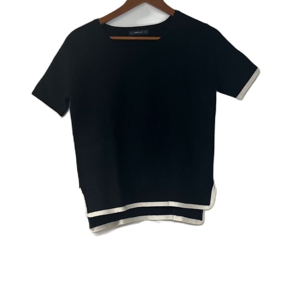 Zara Knit Women's Black Short Sleeve Sweater Sz M cropped casual work white trim - Picture 2 of 8